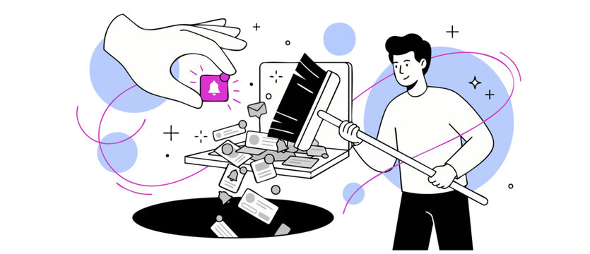 Digital declutter illustration sweeping notifications from laptop screen into a black hole with a broom, cybersecurity productivity and managing information overload concept in simple line art style.