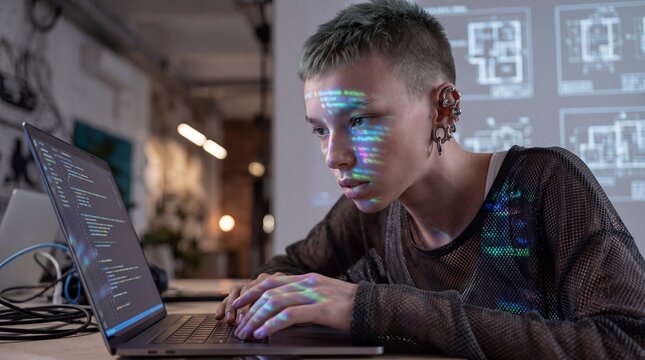 Focused young programmer working on a laptop with code reflection on face in a modern dark office.