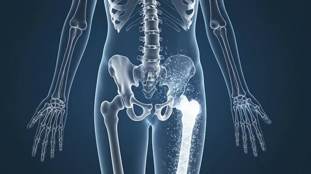 Detailed Digital Illustration of the Human Skeleton Emphasizing Spine and Pelvic Anatomy Against a Dark Blue Background for Medical and Educational Purposes
