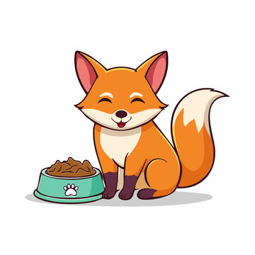 Cute cartoon fox sitting next to a bowl of food