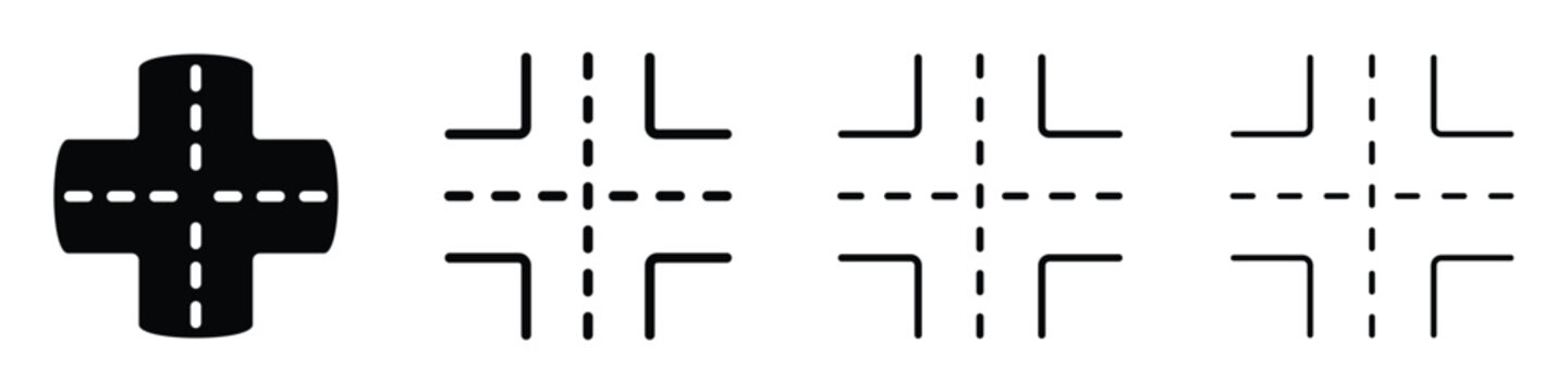 Set of road intersection icons showing different styles of street crossings