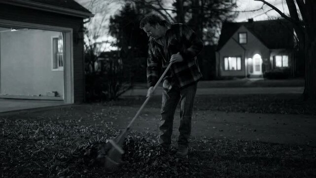 Man raking autumn leaves in neighborhood during dusk. Worker cleaning lawn in front of suburban house. Melancholic seasonal yard maintenance at twilight mood.