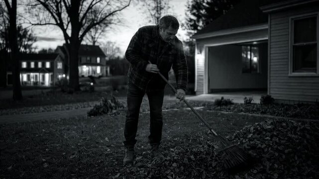 Man raking fallen leaves in dark suburban backyard during late autumn. Depressing seasonal cleanup landscape showing lonely work in gloomy weather at twilight time.