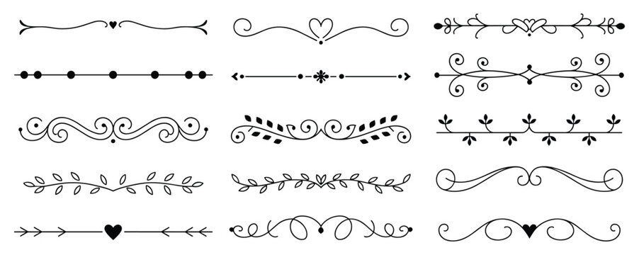 Decorative Ornaments and Dividers: A collection of elegant ornamental lines, dividers, and flourishes.  design element, decorative line, flourish, page break, vector graphic.