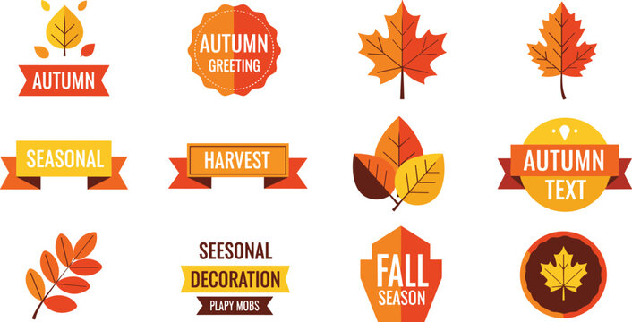 Autumn Season Vector Set with Fall Leaves Harvest Labels and Greeting Badges