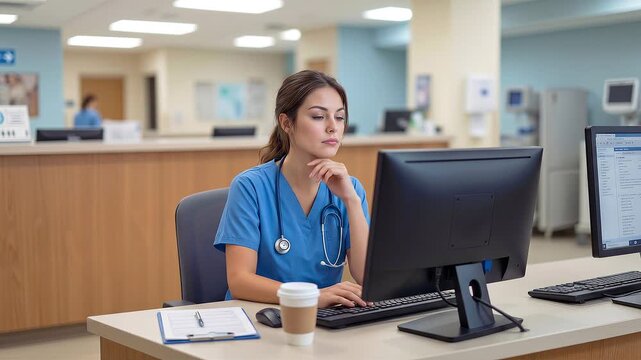 Clinical nurse practitioner analyzing patient records on computer at hospital workstation. Static medium shot.