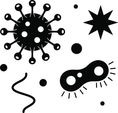 A collection of solid black microbe and virus icons, including a coronavirus structure, a multi-pointed burst shape, a flagellated bacterium, a wavy spirillum, and floating spores, minimalist medical 