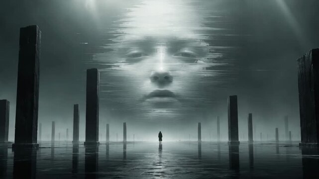 Woman stands in a dark surreal landscape with giant glitching face in the sky. Mystery world with monoliths and futuristic scenery for conceptual science fiction.