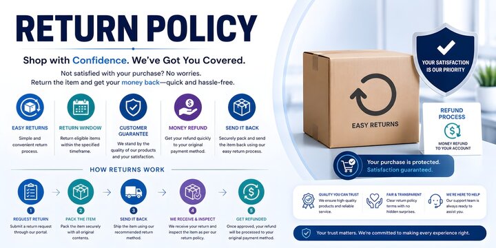 Return policy infographic with steps and icons, illustrating the process of product return.
