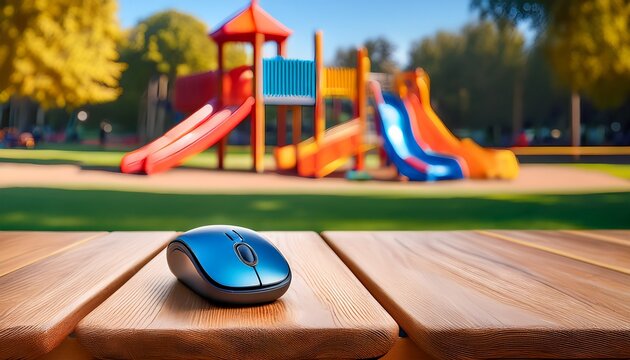 a modern wireless computer mouse rests on a wooden picnic table with a blurred playground visible in the background
