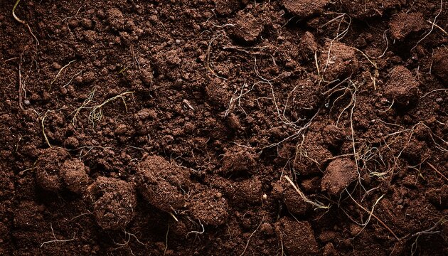rich organic garden soil with compost and tiny roots detailed textured background top view earthy brown tones natural horticulture backdrop for design and print
