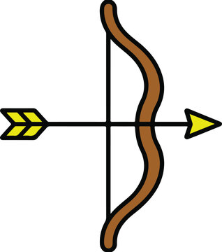 A flat vector illustration of an archery bow and nocked arrow oriented horizontally in image_898683.png, featuring a brown wavy recurve bow limbs body and a black bowstring, with a yellow-tipped trian