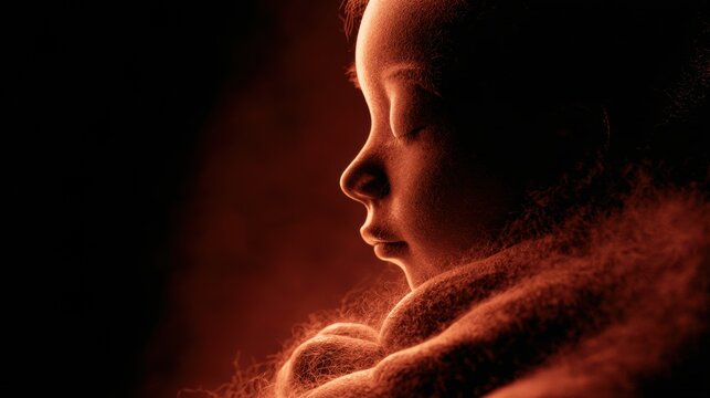 A human fetus at 34 weeks in profile view with fine hair texture and warm side lighting. The background is dark.
