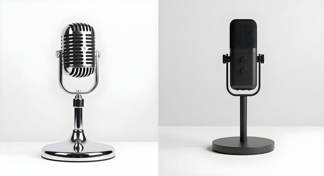 1950s style microphone and a modern USB podcasting microphone, side by side on white.