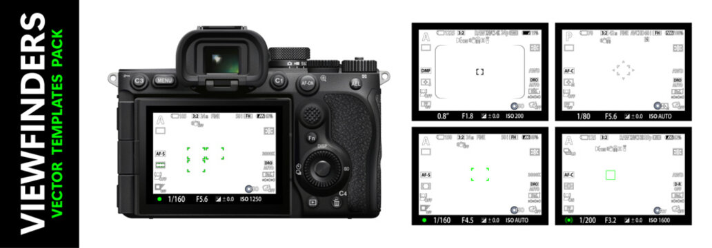 Modern mirorless digital photo camera focusing screen pack isolated on white. Viewfinder camera recording. 8K ready detailed template. Vector illustration