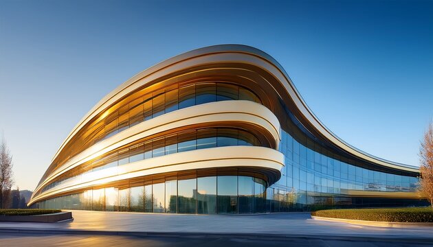 modern architecture featuring a curved glass facade with golden frames under soft daylight clean minimal and elegant building design perfect for business real estate or architectural projects