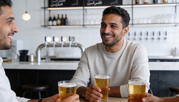 Smiling man drinking beer with a friend at a bar. Two men socializing in a modern pub during a watch party. Friends enjoying drinks and conversation at a brewery