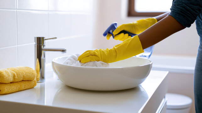 A person is cleaning a bathroom sink using a spray bottle and cloth. The setting is bright with sunlight coming in. Yellow towels sit nearby on the counter