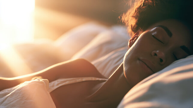 A woman lies in a bed with white sheets as sunlight shines on her face in a bright room. She is resting peacefully as the morning light fills the space