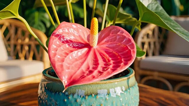 Closeup of a vibrant pink Anthurium flower in a decorative pot.