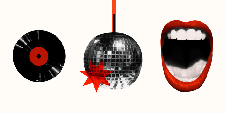 Vintage retro music halftone set. Karaoke collage collection with red girl mouth, vinyl record, discoball. Grunge disco elements for poster, podcast, wall art. Dotted isolated vector illustration.