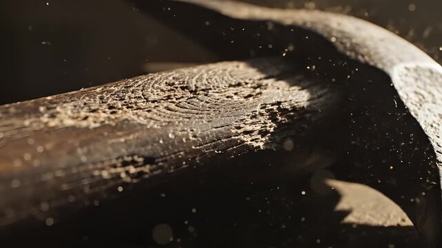 Closeup of termites damaging wooden beam with dust particles flying.