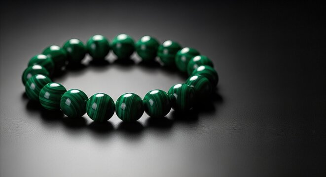 Polished green malachite beaded bracelet on dark textured surface, luxurious jewelry with copy space for design