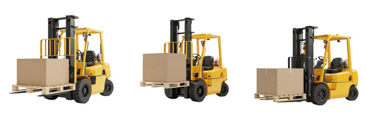 Isolated set of three industrial high performance yellow forklift trucks lifting a large brown cardboard package box on a wooden shipping pallet, white background. © Photo Shap