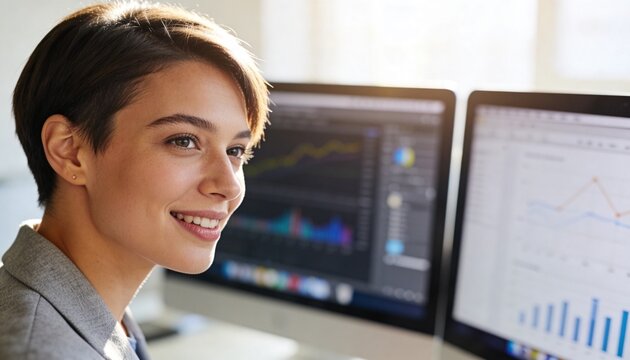 Smiling young businesswoman in a modern office with data charts on monitors. Professional woman analyzing financial graphs. Data analysis and career success concept