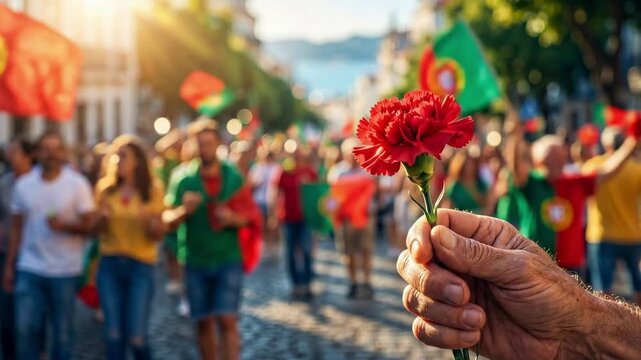Hand holding red carnation flower during Portuguese revolution parade. Commemoration of Carnation Revolution on April 25. Symbol of freedom and national pride in street march with flags and crowd