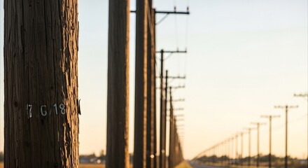 Fototapeta premium Row of weathered wooden utility poles receding into distance during golden hour, emphasizing texture and linear perspective
