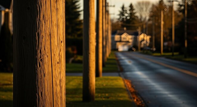 Golden hour backlight illuminates a row of wooden utility poles along a quiet suburban street, creating a sense of warmth and connection.