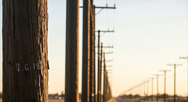Row of weathered wooden utility poles receding into distance during golden hour, emphasizing texture and linear perspective