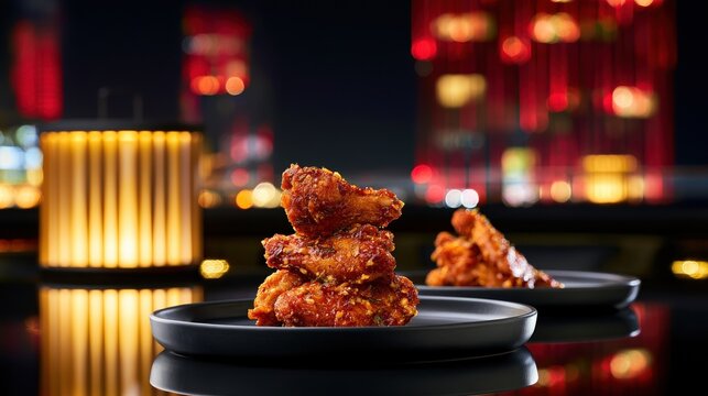 Crispy chicken wings served on black plates in a restaurant with bright city lights