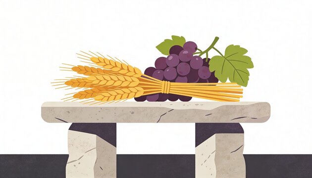 Bundle of wheat and bunch of grapes on a stone altar. Corpus Christi concept illustration on white background