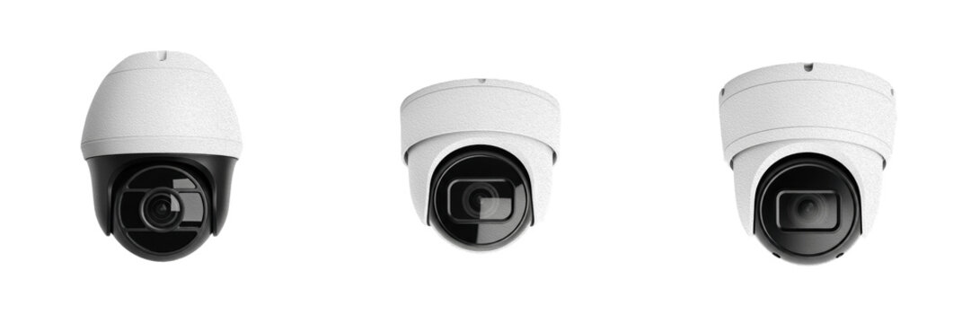Isolated set of three professional white high tech outdoor dome security CCTV surveillance cameras featuring a dark tinted protective glass shield lens cover, white background.