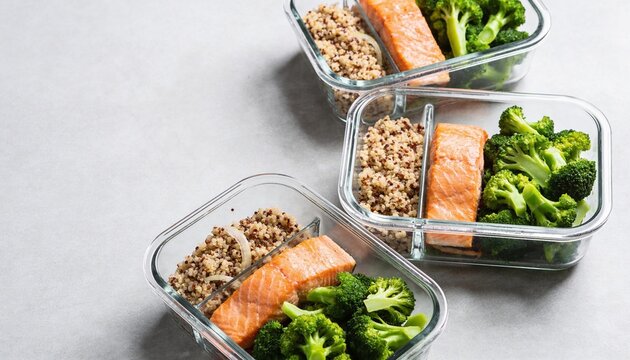 Healthy meal prep containers with grilled salmon, steamed broccoli, and quinoa.