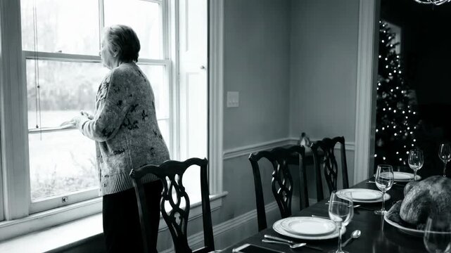 Elderly woman sitting alone at table before Christmas dinner and looking out window. Sad senior woman feeling isolated while celebrating holiday in empty room.