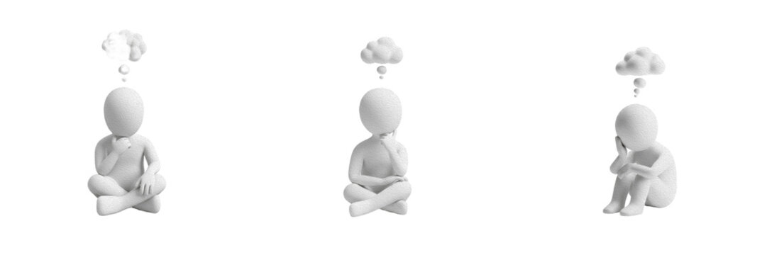 Isolated set of three white 3D stick figure human characters sitting in a lotus position meditating deeply with an empty thought cloud bubble above, white background.