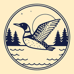 Obraz premium Loon bird flies over a lake in a circular badge design featuring pine trees and a minimalist sun.