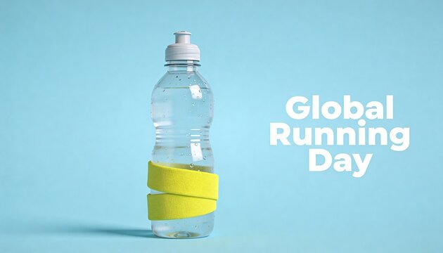 Water bottle with yellow band for Global Running Day.