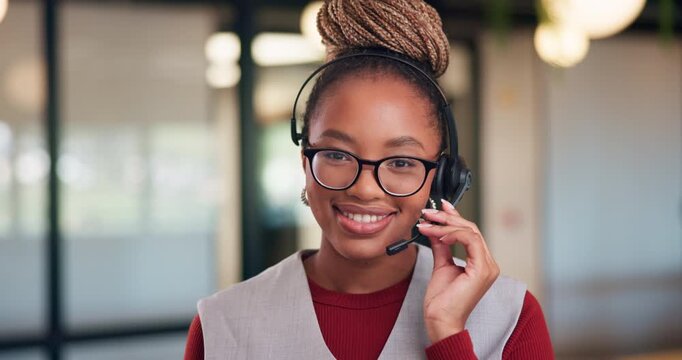 Headset, face and smile with business black woman in office for virtual assistant, about us and crm agent. Communication, help desk and contact with person in agency for admin advisor and pride