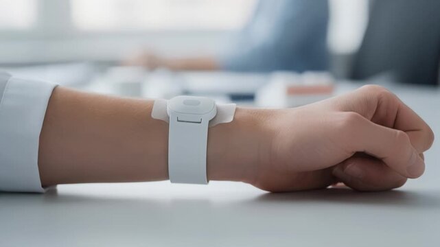Medium shot of a wearable smart patch on a forearm with detailed focus on the device as background figures and objects blur softly emphasizing connected health monitoring.