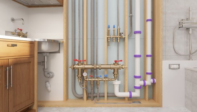 Cross Section View of a Modern Bathroom Plumbing System Showing Water Manifold Copper Pipes PVC Drainage and Fixtures Behind the Wall