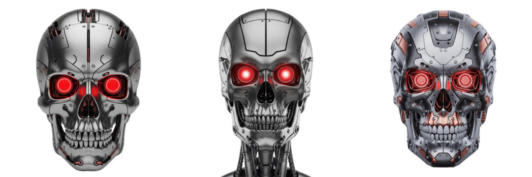 Isolated set of three metallic chrome robotic skull models with menacing glowing red LED laser eyes for futuristic cyberpunk designs, white background.