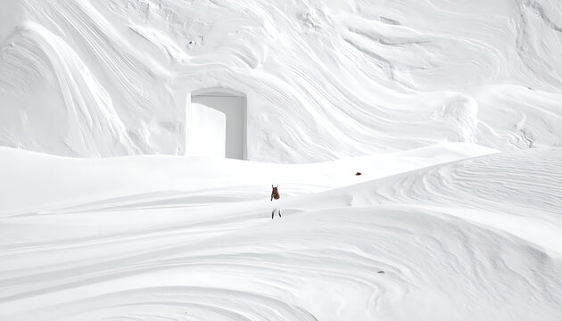 Minimalist landscape with a solitary figure in orange standing before a stark white archway in a snowy, windswept terrain