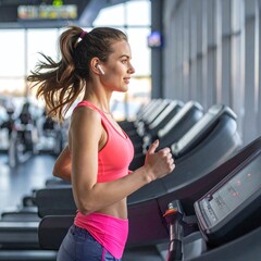 Fototapeta premium A fit young woman in a vibrant pink sports crop top runs on a treadmill inside a modern gym, wearing wireless earbuds. Great for health, fitness, motivation, and lifestyle concepts.