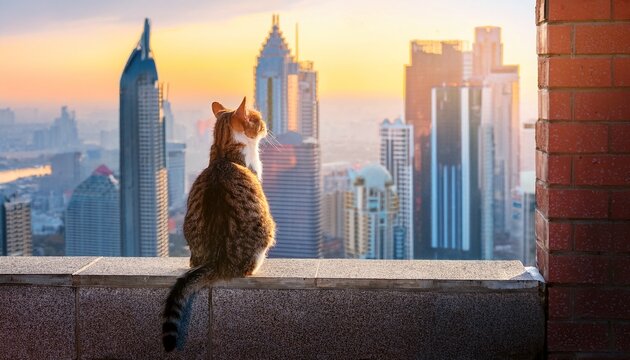 a cat sits atop ledge gazing up at towering skyscrapers in vibrant cityscape perspective captures majestic architecture and cats curious nature creating unique urban scene