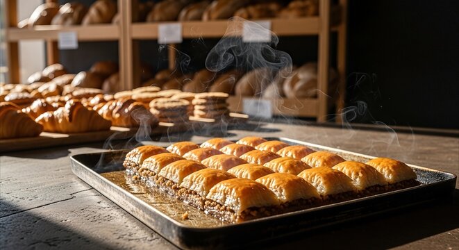 Hot syrupy baklava squares glistening on a baking tray in a warm, rustic bakery setting
