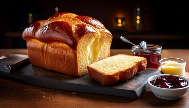 a warm loaf of brioche bread with golden brown texture served with jam and butter